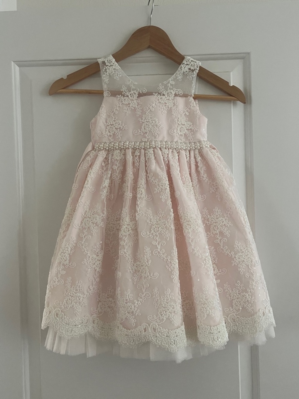 American Princess Blush Pink Tulle Lace Dress Sheer Sleeves Wedding Flower Girl